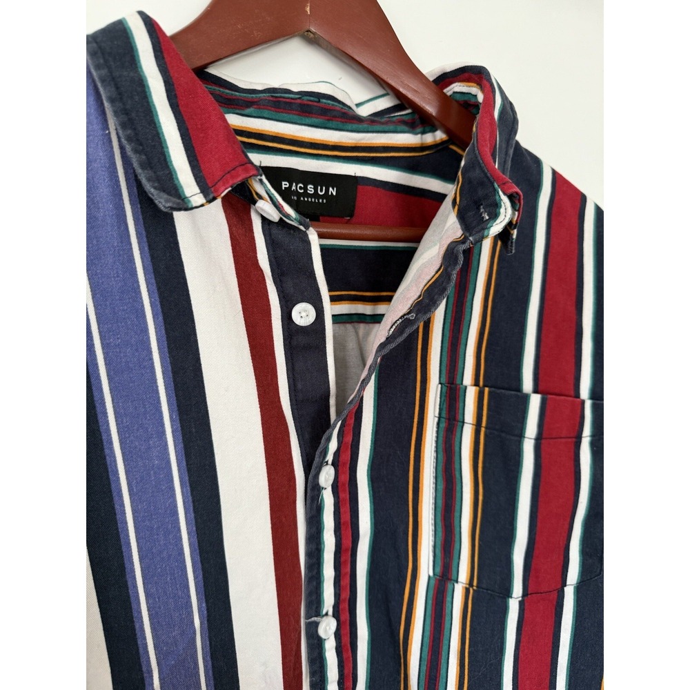 PACSUN 90's Y2K Style Button Up Shirt Striped Bruno Mars Finesse Red Green Large